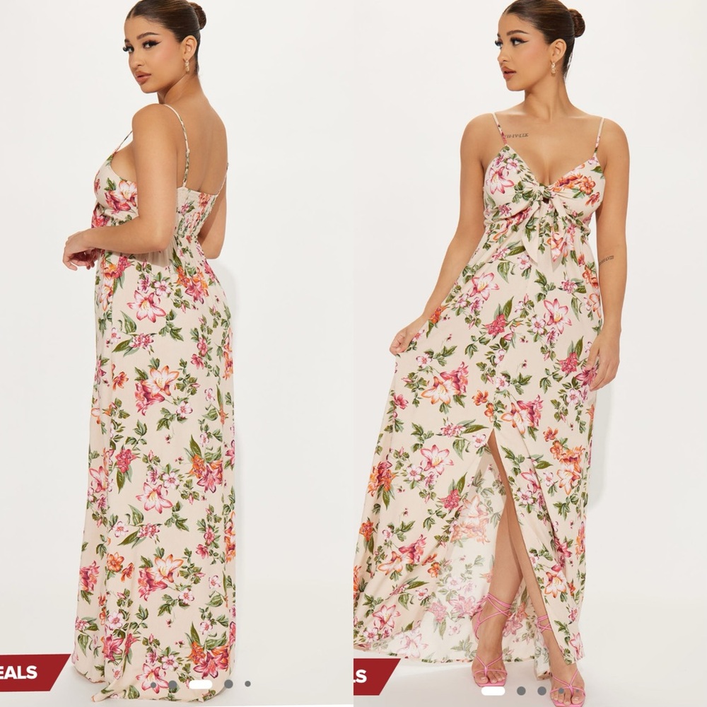 Fashion Nova Floral High Slit Maxi Dress - Tan 💕